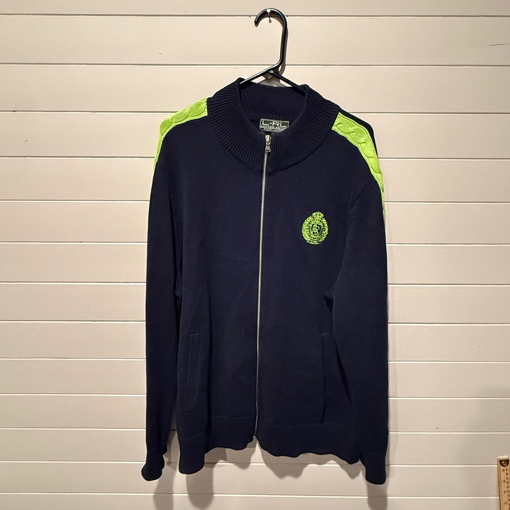 Lauren Ralph Lauren Active Navy Neon Green Stripe Full Zip Crest Sweater Large